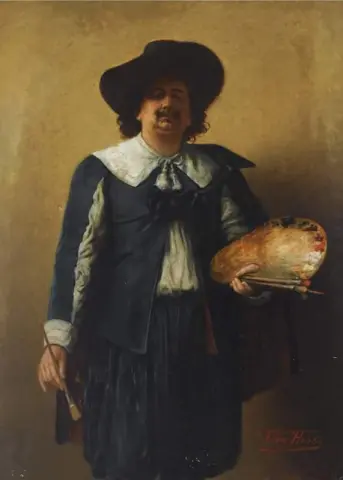 Un autorretrato del artista de tres cuartos de longitud con un traje al estilo del siglo XVII.