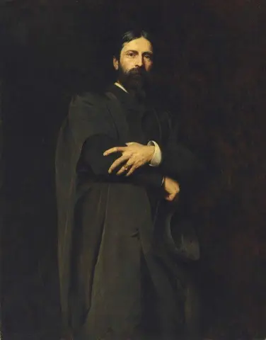 Sir Hubert Von Herkomer R.a. De pie, de tres cuartos de cuerpo, con la bata de profesor Slade y sosteniendo un birrete, 1887