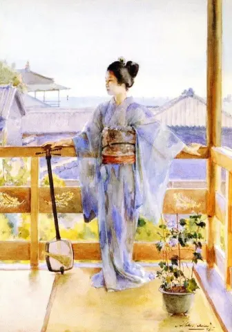 Auch bekannt als Geisha, die auf einem Balkon steht