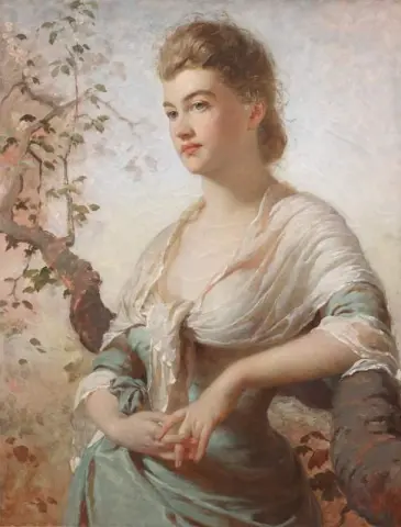 Portrait Of A Lady In A White And Green Dress Leaning On A Branch 1881
