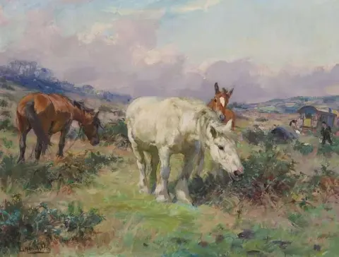 Gypsy Caravan And Horses On A Sunny Heath