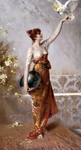 Manuela Staande jonge Spaanse vrouw trekt een kaketoe aan haar hand, 1884