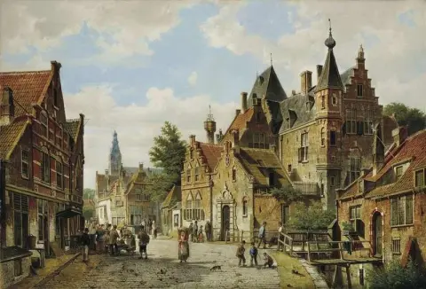 Оживленная улица в солнечный день в голландском городке 1867 г.