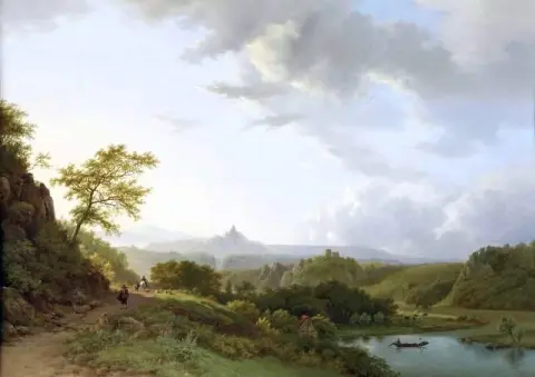 Un paisaje panorámico de verano con viajeros y las ruinas de un castillo en la distancia 1835