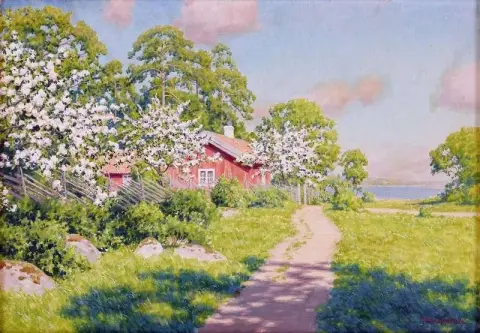 Forsommardag Med Blommande Frukttrad Vid Rod Stuga 1914