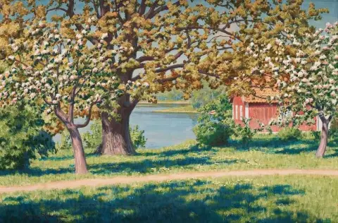 Landschaft mit blühenden Obstbäumen