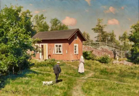 Rote Hütte in der Sommerlandschaft mit Jäger und Hund
