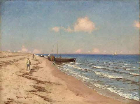 Strandmotiv Med Fiskare Och Fiskebatar 1900