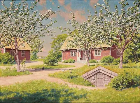 Sonnige Landschaft mit rotem Häuschen