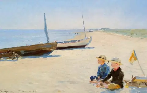 To gutter som sitter i solskinnet på Skagenstranden 1893