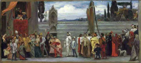 Un boceto en color de la célebre Virgen de Cimabue es llevada en procesión por las calles de Florencia, hacia 1853-55