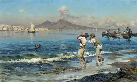 A View Of The Bay Of Naples With Fishermen In The Foreground