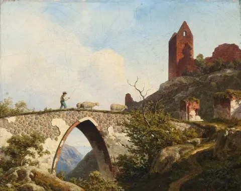 Utsikt från Hammershus på Bornholm med en herde som korsar en bro 1856