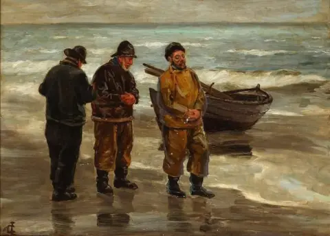 Nel nome di Dio. Tempesta in aumento. Pescatori in procinto di recuperare le loro reti da pesca in mare