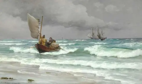Uomini su una barca da pesca e una nave a tre alberi al largo di Skagen, 1896