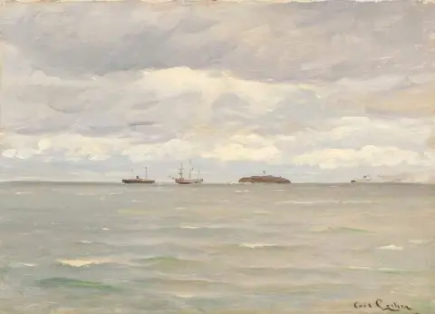 Vista Sul Mare Con Le Navi In Una Piccola Isola Con Un Faro