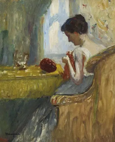 Junge strickende Frau, ca. 1890-1900