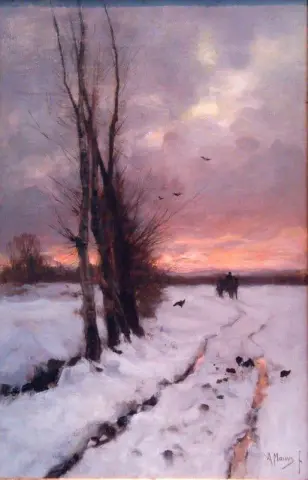 Schneelandschaft mit Sonnenuntergang ca. 1885-87