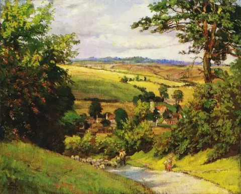 ハーストボーン・ヒルより 道路を埋める羊が近づいてくる 1903年