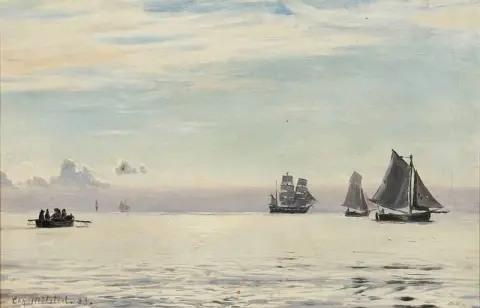 Zeegezicht met zeilschepen en boten op een glinsterende oceaan, 1883