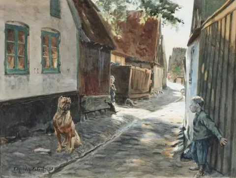 Vista da Dragor con ragazzi nascosti da un grosso cane 1893