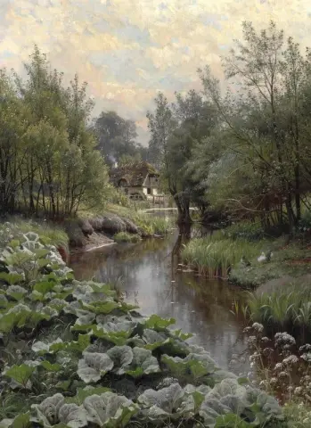 Una giornata primaverile vicino a un ruscello. Nelle foglie e nelle anatre del bacino del primo piano con gli anatroccoli. Sullo sfondo un mulino ad acqua 1911