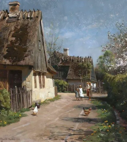 Children Watching The Chickens On A Sunny Village Road 1915