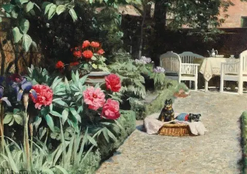 Courtyard Exterior With Two Puppies On A Summer Day 1932