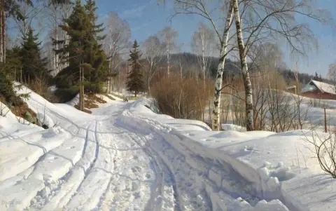 Norwegian Winter Landscape With Children On A Sledging 1920