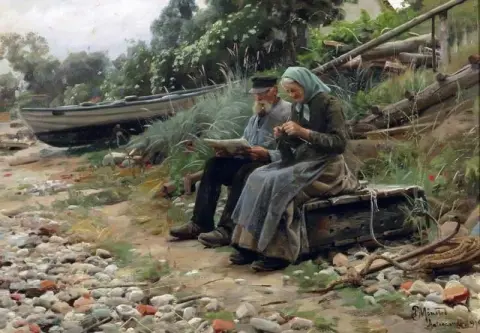 Old Peasant Couple Sitting On The Shore 1919