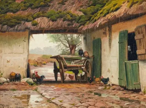 Poultry Hiding From The Rain At A Farm House At Tystrup 1918