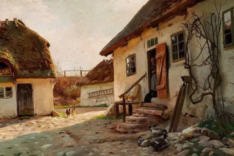 Sunshine In The Yard. An Old Woman And Her Cat Standing In The Doorway 1918