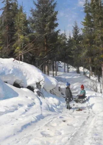 Winter Landscape From Fagernes In Norway With Children Sledging