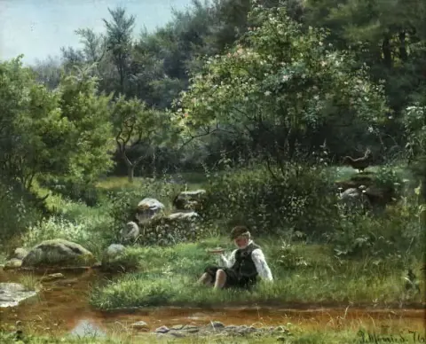 Young Boy Fishing By Stream 1876