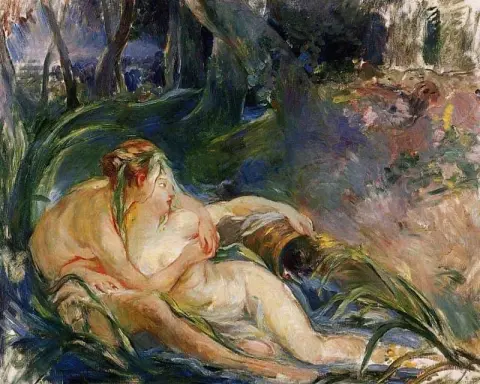 Två nymfer som omfamnar 1892