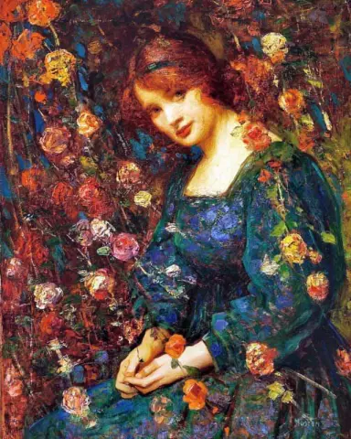 Flora Mujer con un vestido verde entre rosas en crecimiento Ca. 1904