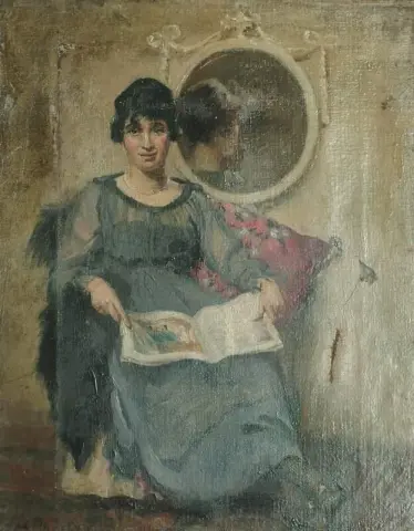 Retrato de cuerpo entero de una dama sentada leyendo una revista Un espejo más allá de 1919