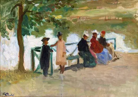 Damer Sittandes Pa En Bank Ca. 1901