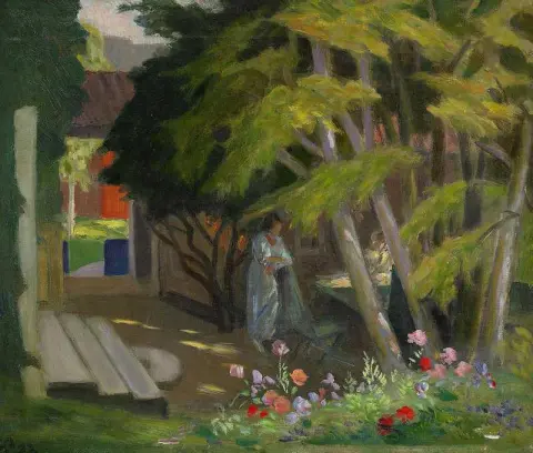 Tradgard Med Kvinna - Sommarmotiv Fran Uto 1932