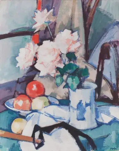 Stilleben med roser i en kinesisk vase tidlig på 1920-tallet