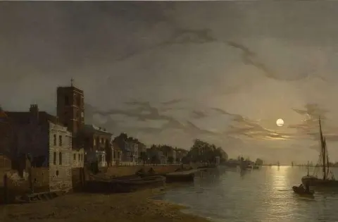 Londen Een zicht op de Theems bij Chelsea Reach bij maanlicht 1859