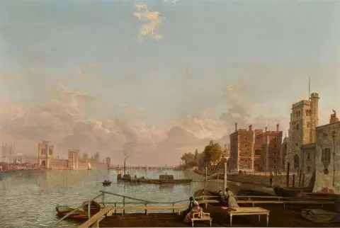 Londen Een zicht op de Theems met het nieuwe paleis van Westminster in aanbouw - dag