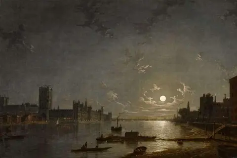 Londen Een zicht op de Theems met het nieuwe paleis van Westminster in aanbouw - Nacht