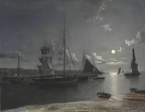 Scheepvaart in de monding onder maanlicht