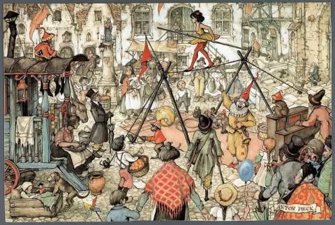 Straatbeeld com um acrobata e um palhaço