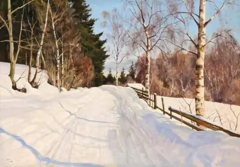 日光を浴びる雪に覆われた森の小道のある冬景色 1936