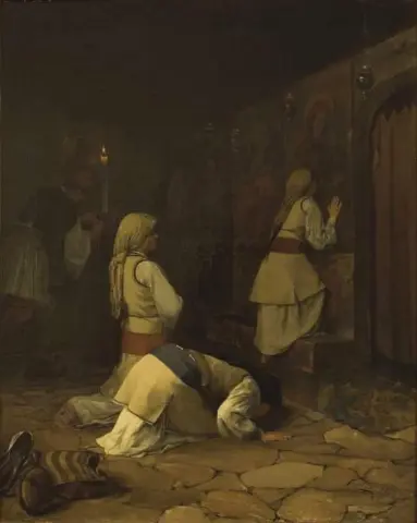 Pregando In Una Chiesa Greca Sul Monte Parnaso