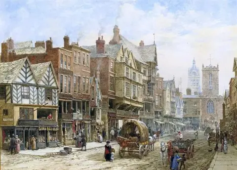 Bridge Street Chester Med St. Peter S Church Og Chester Town Hall I Bakgrunnen