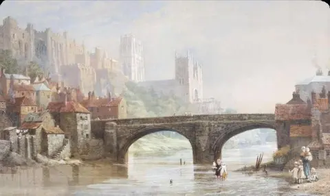 Durham Cathedral Fra Framwellgate Bridge med figurer til forgrunnen