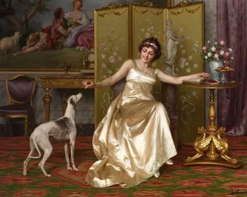 Mujer leyendo con un galgo italiano a su lado